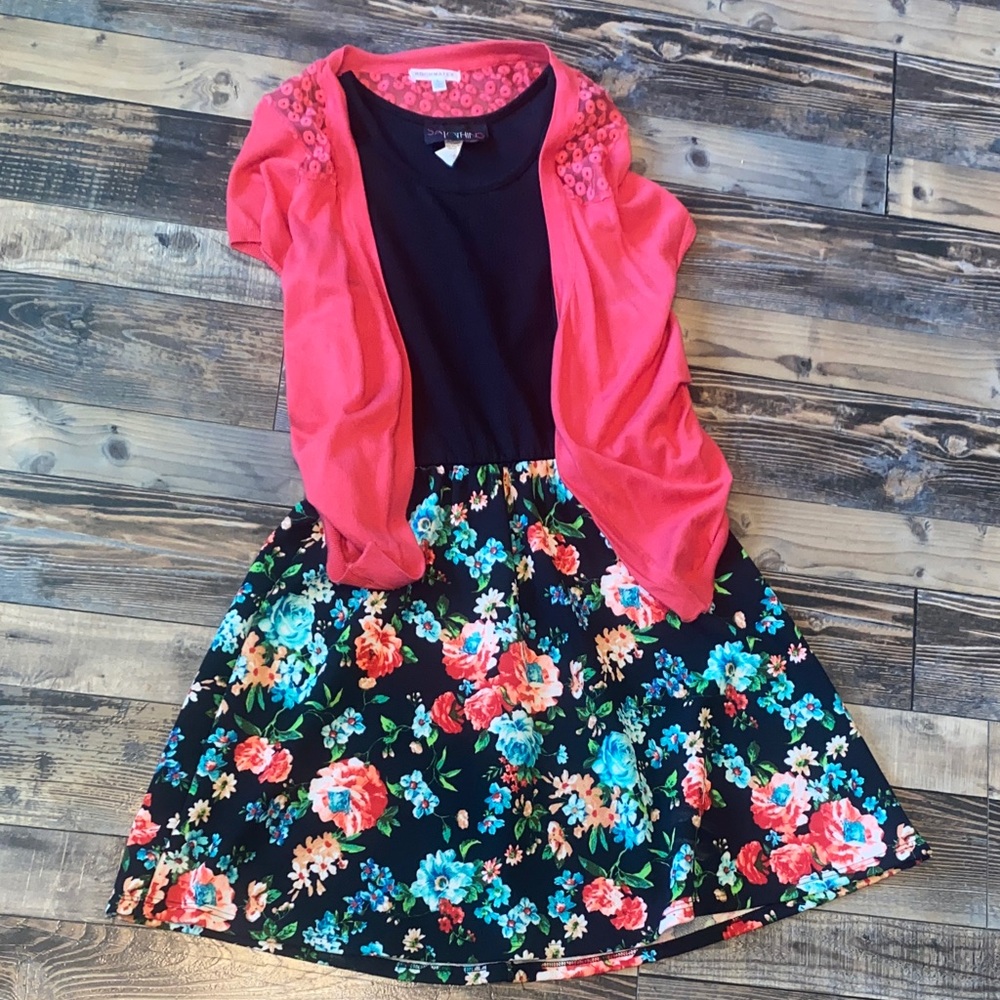 Floral Vibrant Midi Dress with Pink cardigan